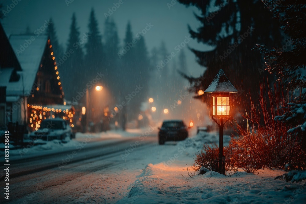 Obraz premium Silent night in a Snowy Village on Christmas Eve with a warm Glow from the street Lamps and homes