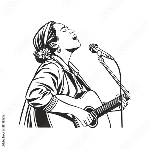Black and white illustration of a woman singing passionately while playing an acoustic guitar into a microphone