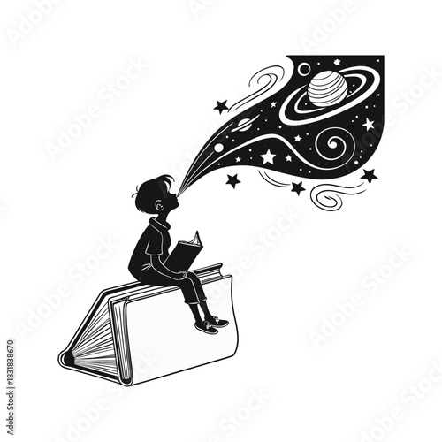 Child reading a book on a giant book imagining a galaxy of stars and planets