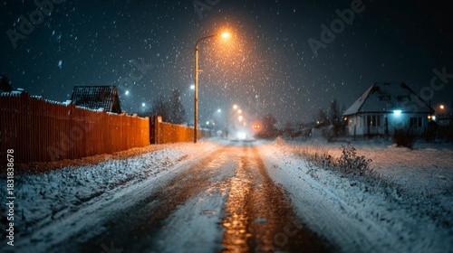 Fototapeta Naklejka Na Ścianę i Meble -  Snow falls softly on a quiet street in a small town during winter as lights glow along the road at night
