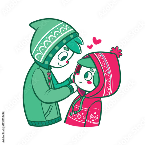 Adorable cartoon couple wearing matching winter hats and hoodies sharing a sweet moment of affection