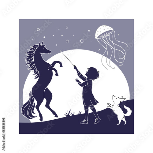 Child with magic wand commands a rearing horse a playful fox and a floating jellyfish under the stars
