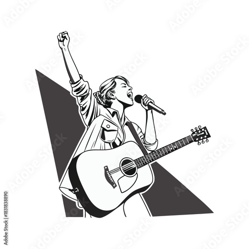 Dynamic illustration of a female singer with an acoustic guitar and raised fist performing on stage