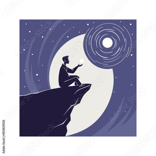 Man sitting on cliff edge holding glowing orb against swirling galaxy and starry night sky