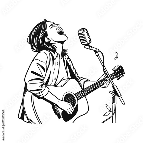 Passionate female singer playing acoustic guitar and singing into vintage microphone with expressive emotion
