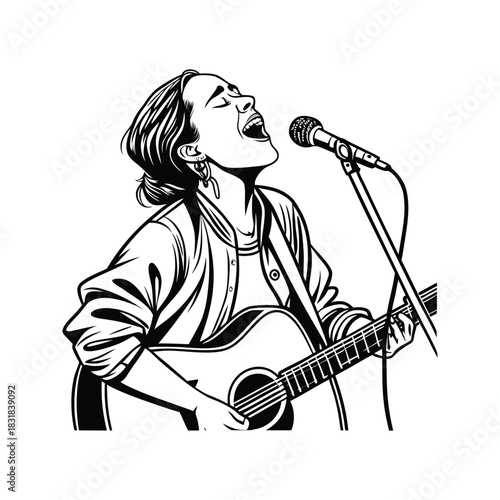 Passionate female singer with guitar performs live on stage in a dynamic black and white illustration