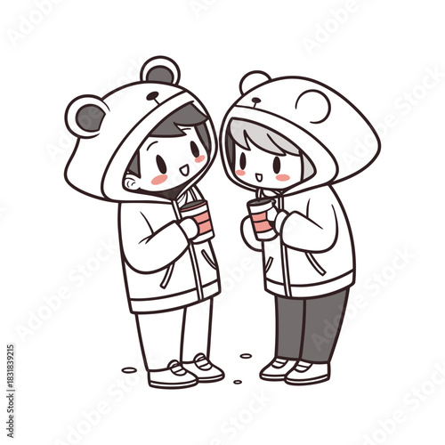 Two cute cartoon children wearing bear hoodies and holding cups of warm drinks together