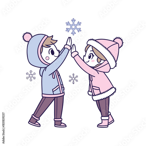 Two happy cartoon children in winter clothing giving each other a high five with snowflakes falling around them