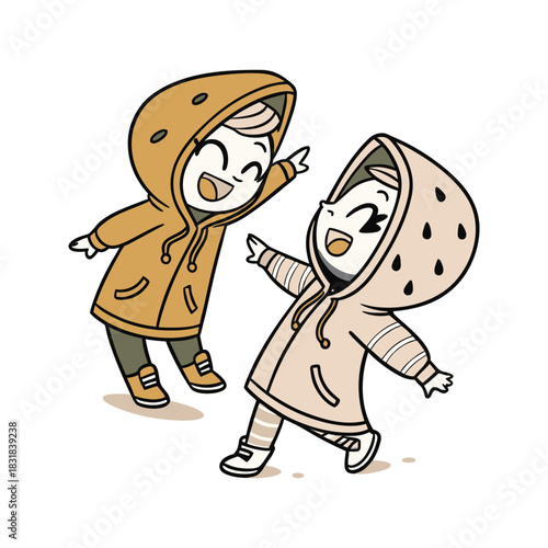 Two happy cartoon children wearing hooded jackets and boots jumping and playing together outdoors