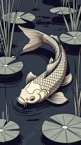 Koi fish swimming peacefully among lily pads in a serene pond setting during a sunny afternoon Asian art vertical wallpaper 