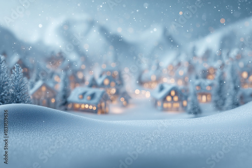 Snow village houses with warm lights in winter scene, cozy holiday mood with falling snow and blurred bokeh backdrop, illuminated cottages in snowy landscape