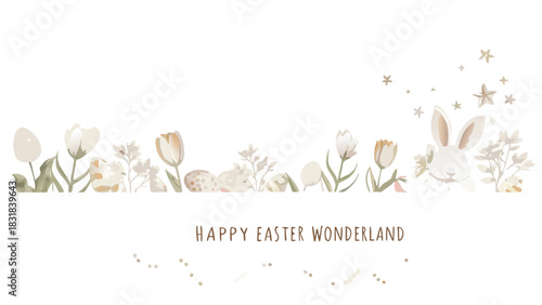 A charming watercolor illustration of a whimsical easter scene with a cute bunny decorated eggs and delicate flowers perfect for spring celebrations and greetings