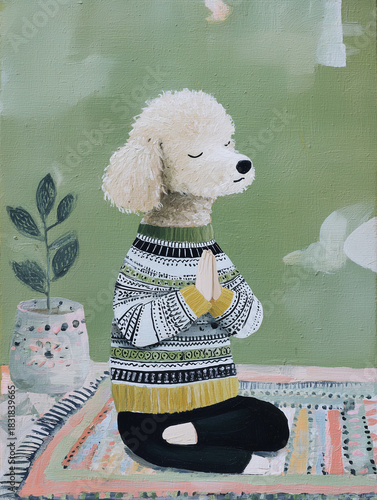 Dog poodle meditation sweater rug yoga illustration of calm canine sitting cross legged with paws together on patterned rug near plant and soft green background