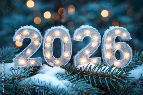 2026 new year numbers glowing with snow and lights on frosted pine branches, festive winter decoration for holiday greeting with bokeh background soft lights