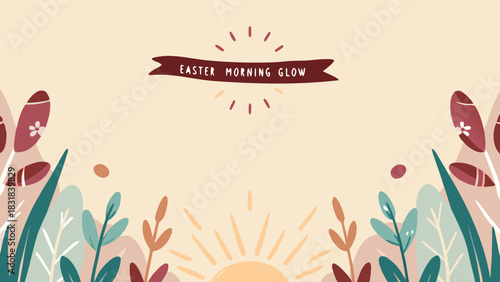 Whimsical easter morning scene with a rising sun delicate floral elements and a festive banner proclaiming easter morning glow perfect for spring celebrations and holiday greetings