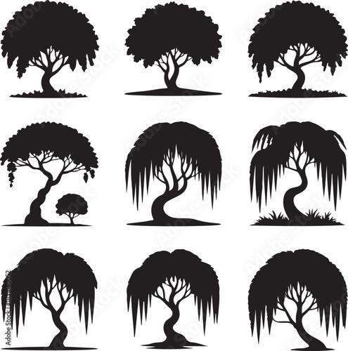 Collection of tree silhouettes in various shapes and styles illustration