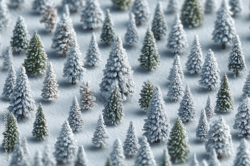Snow trees winter forest fir pine conifer scene with snow covered miniature firs in soft light aerial view of frosted woodland texture and cold atmosphere for holiday nature
