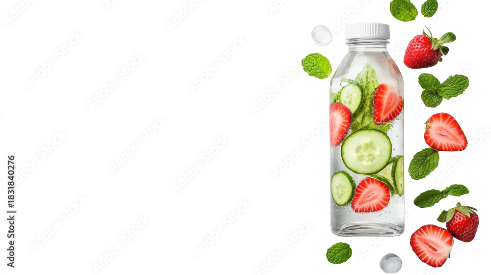 Naklejka premium Bottle with Strawberries and Cucumbers on Transparent Background