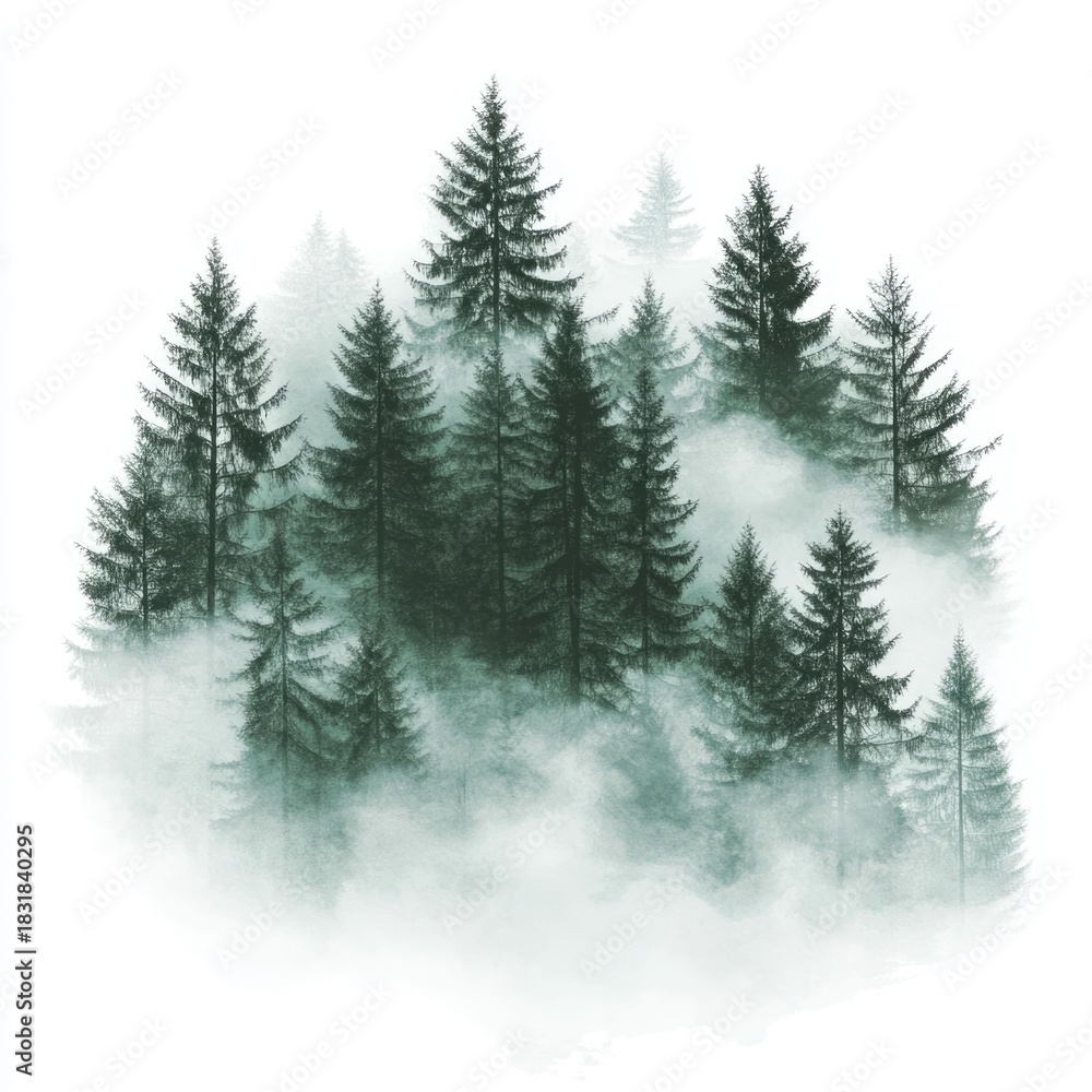 Obraz premium Captivating Misty Forest Silhouette T shirt Design with Layers of Fading Tree Silhouettes and Muted Cool Tones Isolated on a Clean White Background Ideal for Modern Apparel Textile