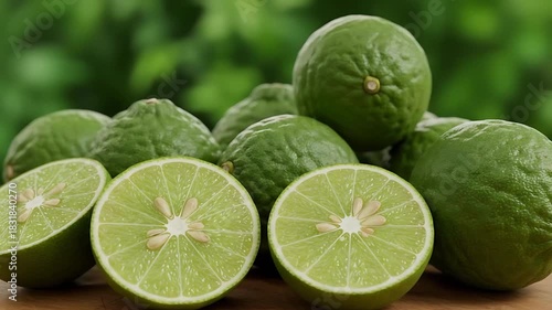 Captivating Still Life of Fresh Green Bergamot Limes on Wooden Surface with Nature Background