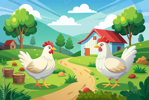 Two white white hens standing on green grass outdoors, natural farm poultry scene with fresh rural environment, domestic birds in daylight, organic farming and rural lifestyle concept.
