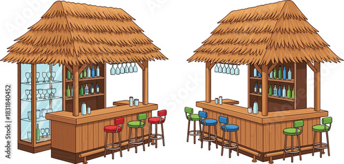 Tiki bar illustration with thatched roof, wooden counter, colorful stools and tropical drink setup ideal for vacation themes, beach bar designs and summer concepts