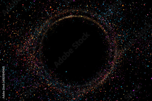 Particle ring glitter circle of colorful dust galaxy sparks forming a dark vortex and abstract explosion background for cosmic design celebration science visual festive texture