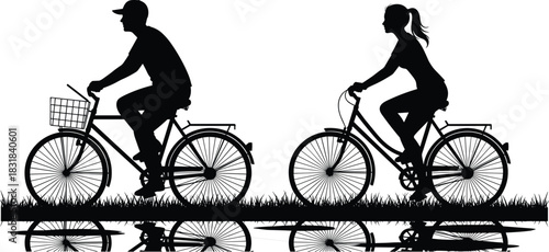 Silhouette of man and woman riding bicycles with ground reflection, perfect for outdoor fitness themes, cycling illustrations, romantic activities and lifestyle artwork