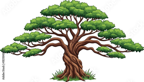 Beautiful cartoon tree illustration with twisted trunk and lush green foliage perfect for nature artwork, landscape design, fantasy themes and environmental graphics