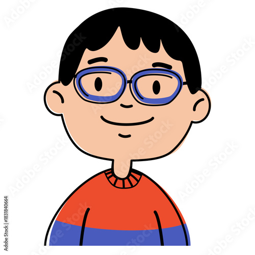 Cheerful boy with blue glasses smiles on a white background. Child character design for learning and education concept.