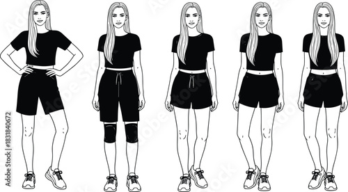Female fashion figure illustration set featuring athletic outfits, shorts, sneakers and casual poses perfect for apparel design, model templates and clothing mockups