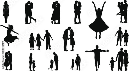 Family and couple silhouette collection featuring children, parents and joyful poses perfect for love themes, relationships, bonding concepts and emotional illustrations