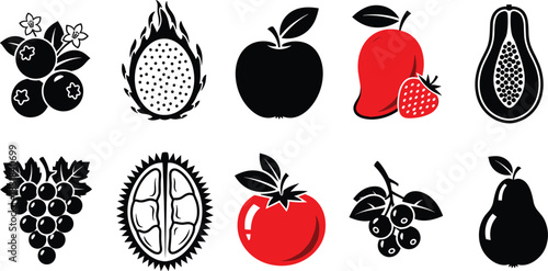 Fruit icon collection featuring berries, tropical fruits, apples, mangoes, tomatoes, grapes, pears and exotic produce for food design, nutrition graphics and illustrations