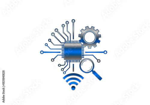 Blue Silver Microchip Gear Magnifying Glass WiFi Technology Icon SVG on Transparent Background