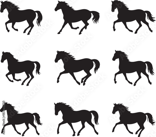 Elegant Black Horse Silhouettes in Various Running Poses on White Background