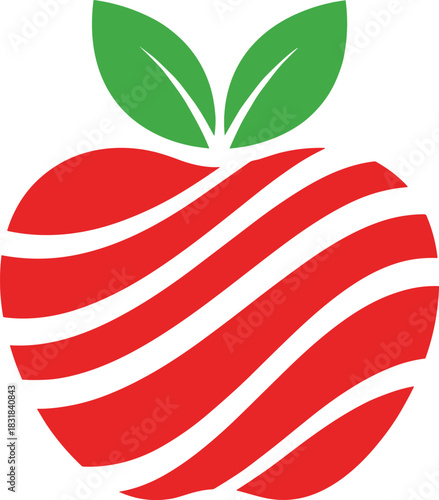 Modern abstract apple logo with red wave stripes and green leaves symbolizing freshness, organic branding, healthy food identity and creative design concept