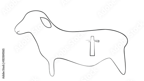 Minimalist outline drawing of a lamb with a cross symbol inside its body on a white background representing sacrifice and faith