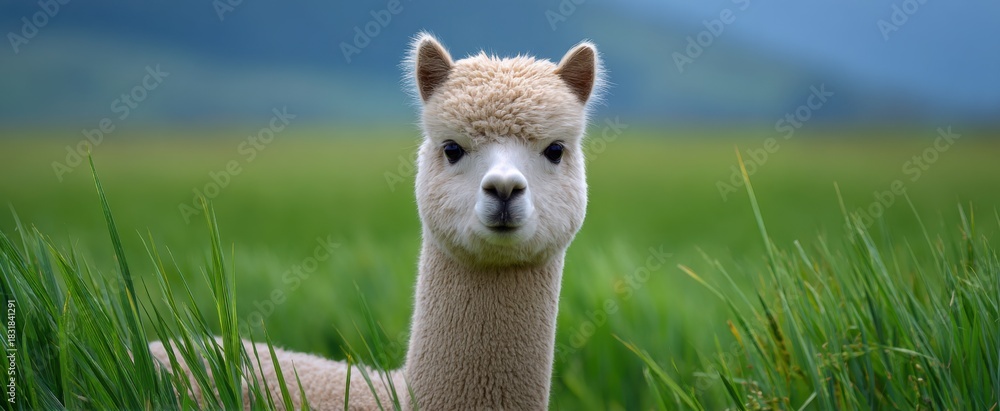 Fototapeta premium Alpaca nibbles like a fluffy cloud in a rolling green pasture field.