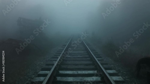 Foggy Train Tracks Leading into a Misty Forest with Abandoned Structures Keywords: train tracks, railway, fog, mist, foggy