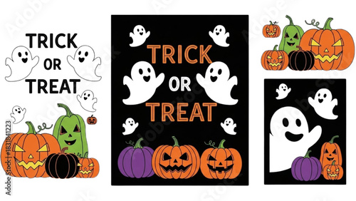 Halloween Trick or Treat with Pumpkins and Ghosts Illustration