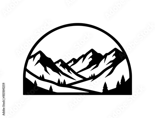 Stunning mountain range vista illustration, perfect for outdoor adventure brands