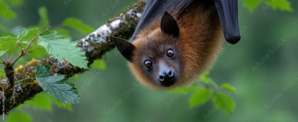 Naklejka premium Bat clings upside-down to a tree branch within its natural environment.