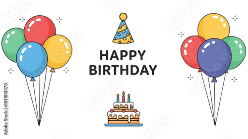 Festive Birthday Celebration Balloons, Cake, and Party Hat - Perfect for Greetings