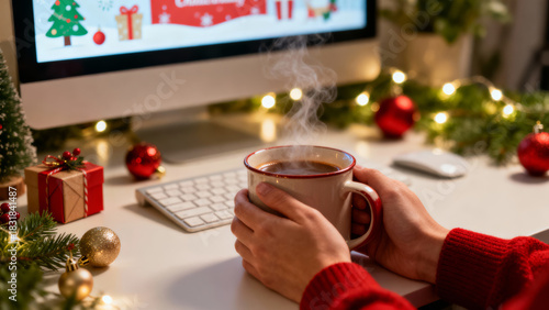 Cozy remote work during christmas holiday season. Festive person holding warm mug at decorated home office desk