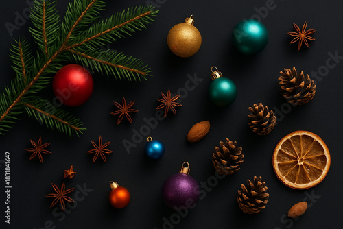 christmas tree leaves with balls and decorations