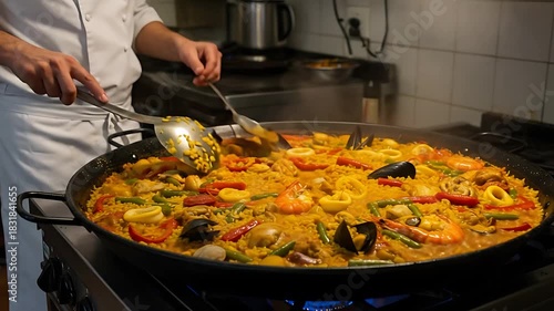Chef prepares seafood paella in a large pan, showcasing culinary skills and delicious dish