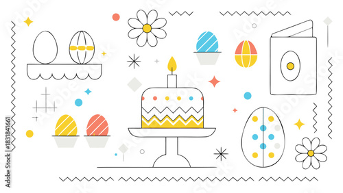 A festive collection of easter themed illustrations including decorated eggs a birthday cake with a candle and daisy flowers in a playful minimalist style with bright pastel accents