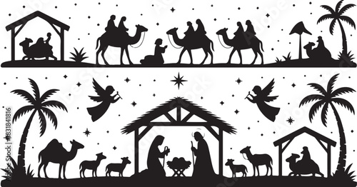 Black silhouettes depict Mary, Joseph, baby Jesus, and three wise men with camels