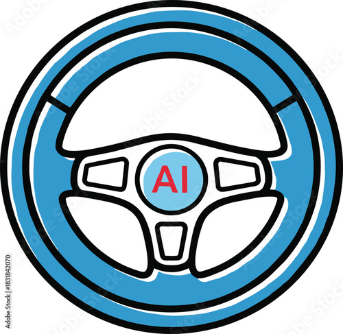 Blue steering wheel vector illustration with AI text in the center, symbolizing autonomous driving, self-driving cars, artificial intelligence technology, and futuristic smart transportation systems.