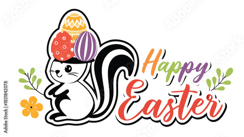 Cute cartoon squirrel wearing a hat with easter eggs on top and the words happy easter in colorful lettering surrounded by floral elements